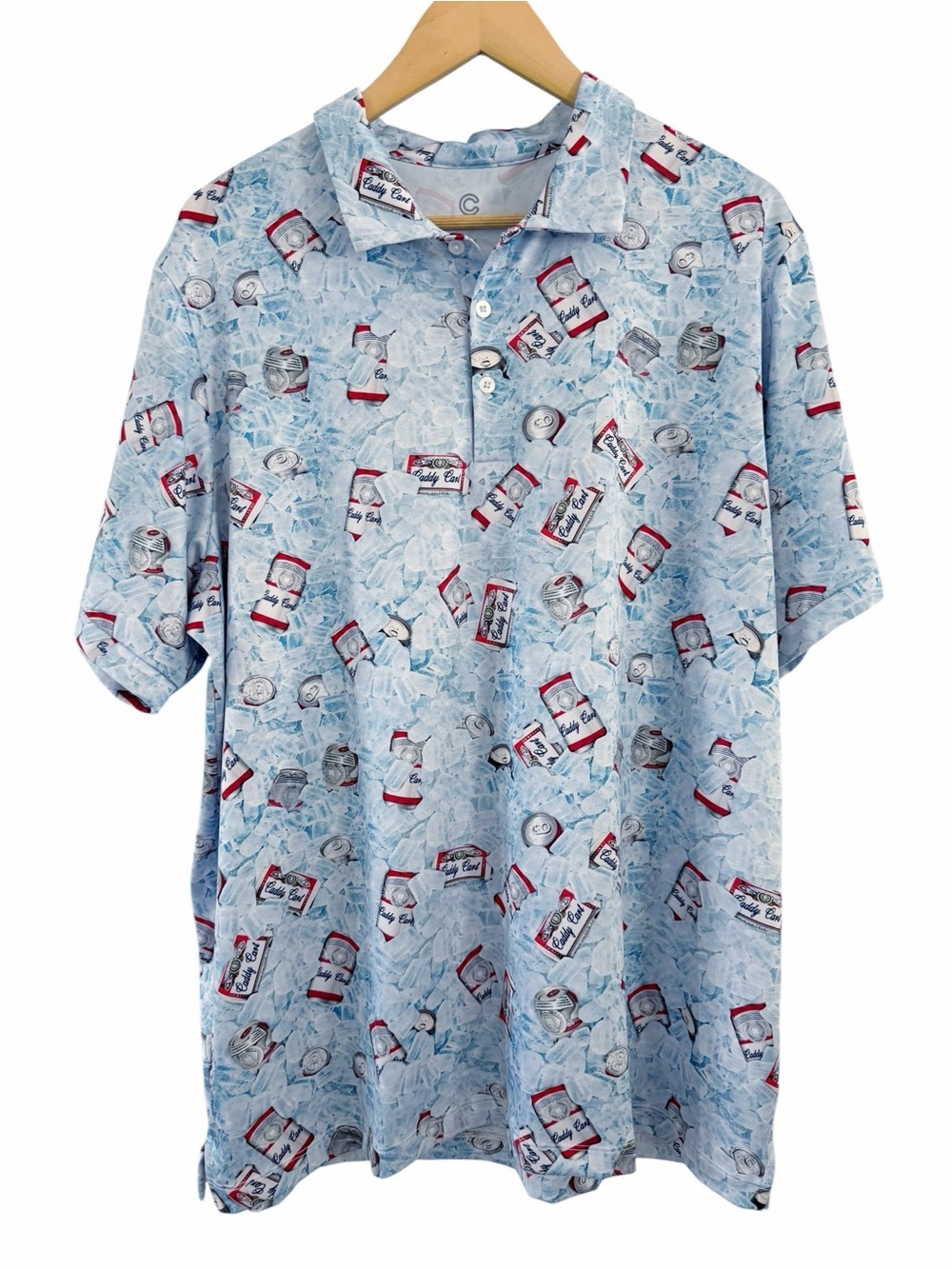 Caddy Cart Golf Polo Shirt Allover Beer Can Print Ice Blue Novelty Men’s Size XL